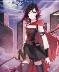 1girl bandolier breasts broken_moon cape cleavage corset crescent_rose ecru english grey_eyes moon redhead ruby_rose rwby solo thigh-highs torn_cape torn_clothes torn_thighhighs 