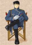  1boy black_eyes black_hair boots brown_background chair expressionless fullmetal_alchemist gloves interlocked_fingers legs_crossed looking_at_viewer male_focus military military_uniform roy_mustang serious shaded_face short_hair simple_background sitting uniform 