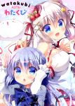  2girls :d blue_bow blue_eyes blue_hair blush bow breasts chestnut_mouth circle_name english eyebrows_visible_through_hair fang food food_themed_ornament fruit gochuumon_wa_usagi_desu_ka? hair_between_eyes hair_ornament hair_ribbon hat kafuu_chino large_breasts long_hair looking_at_viewer mini_hat mini_top_hat multiple_girls open_mouth original rabbit_house_uniform ribbon sasai_saji smile star star_hair_ornament strawberry tippy_(gochiusa) top_hat translation_request twintails white_hair x_hair_ornament 