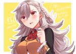  !? 1girl alpha_(eren_mfmf) artist_name blush braid brown_eyes fate/grand_order fate_(series) frilled_sleeves frills hair_between_eyes long_hair long_sleeves looking_at_viewer olga_marie_animusphere open_mouth silver_hair solo spoken_interrobang sweatdrop translation_request upper_body yellow_background 