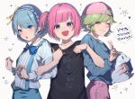  3girls :o amano_yae backwards_hat baseball_cap black_shirt blue_bow blue_bowtie blue_eyes blue_hair blue_shirt blush bow bowtie braid closed_mouth collarbone collared_shirt commentary_request congratulations copyright_name cowboy_shot crown_braid dosukoi!_(napoli_no_otokotachi) dress_shirt flipped_hair green_eyes green_hair grey_shirt hair_ornament hair_ribbon hairclip hat highres holding holding_stuffed_toy locked_arms long_sleeves looking_at_viewer maso_(siranai_ojisan_) multiple_girls napoli_no_otokotachi one_eye_closed one_side_up open_mouth pants pink_hair pink_headwear print_shirt purple_pants raised_eyebrows ribbed_shirt ribbon shirt shirt_tucked_in short_hair short_sleeves shuujou_mana simple_background sleeve_cuffs smile star_(symbol) starry_background stuffed_toy suspenders text_print translation_request urisaki_ran violet_eyes w white_background yellow_ribbon 