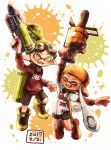  .96_gal_(splatoon) 1boy 1girl arm_up arms_up backwards_hat baseball_cap baseball_jersey bike_shorts black_shorts closed_eyes cross-laced_footwear dark_skin dated fangs goggles goggles_on_head green_hair green_tongue harutarou_(orion_3boshi) hat highres holding holding_weapon hood hoodie ink_tank_(splatoon) inkling jumping long_hair open_mouth orange_eyes orange_footwear orange_hair orange_hat orange_tongue paint_splatter pointy_ears red_footwear red_shirt scrunchie shirt shoes short_hair short_over_long_sleeves short_shorts shorts single_vertical_stripe smile splatoon splattershot_pro_(splatoon) weapon white_shirt 