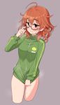  1girl ahoge araki_hina blush breasts brown_eyes finger_to_cheek glasses green_jacket highres idolmaster idolmaster_cinderella_girls jacket jacket_tug jitome looking_at_viewer medium_breasts messy_hair no_pants omaru_gyuunyuu orange_hair semi-rimless_eyewear short_hair simple_background smile solo thighs track_jacket 