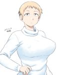  1girl blonde_hair breasts closed_mouth dated erect_nipples freckles grey_eyes large_breasts long_sleeves looking_at_viewer original sanpaku short_hair signature simple_background solo sweater tsukudani_(coke-buta) upper_body white_background white_sweater 