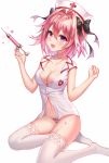  1girl :d aaeru alternate_hairstyle astolfo_(fate) black_bow black_ribbon blush bow breasts cleavage commentary_request fang fate/apocrypha fate_(series) garter_belt genderswap genderswap_(mtf) hair_bow hair_ribbon hat heart highres looking_at_viewer medium_breasts navel nurse nurse_cap open_mouth panties pink_hair ribbon short_hair simple_background smile solo striped striped_panties syringe thigh-highs underwear violet_eyes white_background white_legwear 