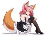  1girl animal_ears apron bangs black_footwear black_legwear blush breasts closed_mouth commentary_request detached_collar detached_sleeves dress eyebrows_visible_through_hair fate/extra fate_(series) fox_ears fox_tail frilled_dress frills from_side full_body high_heels highres large_breasts leg_hug long_hair looking_at_viewer maid maid_apron maid_headdress narynn pink_hair shadow simple_background sitting smile solo tail tamamo_(fate)_(all) tamamo_no_mae_(fate) thigh-highs white_background yellow_eyes 