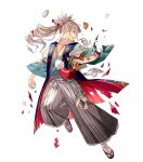  1boy alternate_costume fire_emblem fire_emblem_heroes fire_emblem_if food fruit full_body grey_hair highres injury japanese_clothes kimono kotetsu_(popeethe) leaf long_hair male_focus official_art one_eye_closed open_mouth orange orange_eyes ponytail sandals scar scarf solo takumi_(fire_emblem_if) torn_clothes transparent_background 