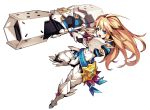  1boy :o armor blonde_hair blue_eyes blue_ribbon boots cannon chung_seiker elsword fighting_stance full_armor full_body gloves highres holding holding_weapon huge_weapon iron_paladin_(elsword) long_hair male_focus official_art open_mouth ress ribbon solo thigh-highs thigh_boots weapon 