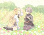  2girls ange_(princess_principal) blonde_hair braid closed_eyes field flower flower_field full_body gloves grey_hair hair_ornament head_wreath highres multiple_girls normaland pleated_skirt princess_(princess_principal) princess_principal school_uniform seiza sitting skirt smile 