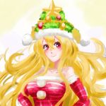  1girl alternate_costume bare_shoulders blonde_hair breasts christmas christmas_dress christmas_tree christmas_tree_hat clownpiece collarbone commentary_request dress elbow_gloves fur_trim gloves hat long_hair looking_at_viewer medium_breasts nanai07 pom_pom_(clothes) red_dress red_eyes red_gloves smile solo star strapless strapless_dress striped striped_dress touhou upper_body 