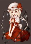  1girl ascot blonde_hair bow buttons eyebrows_visible_through_hair fangs flandre_scarlet full_body hair_between_eyes hat hat_ribbon highres laevatein long_hair looking_at_viewer mob_cap moose_(moosu193) open_mouth puffy_short_sleeves puffy_sleeves red_bow red_eyes red_ribbon red_skirt ribbon short_sleeves simple_background sitting skirt skirt_set smile solo touhou v_arms vest white_hat wings yellow_neckwear 