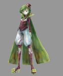  1girl androgynous arms_at_sides boots cape full_body green_cape green_hair grey_background hat high_heel_boots high_heels knee_boots looking_at_viewer pale_skin personification pokemon red_eyes red_footwear short_hair solo standing tsareena yeah_m 