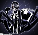  1girl arachne black_hair bodysuit breasts crossover dankodeadzone extra_eyes highres insect_girl large_breasts marvel monster_girl monster_musume_no_iru_nichijou open_mouth rachnera_arachnera red_eyes sharp_teeth spider-man_(series) spider_girl symbiote teeth tongue venom_(marvel) white_eyes 