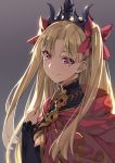  1girl bangs black_cape black_dress blonde_hair bow cape closed_mouth commentary_request crown detached_collar dress earrings ereshkigal_(fate/grand_order) fate/grand_order fate_(series) fur-trimmed_cape fur_trim hair_ribbon hoop_earrings jewelry long_hair multicolored multicolored_cape multicolored_clothes necklace parted_bangs purple_bow red_cape red_eyes red_ribbon ribbon single_sleeve skull smile spine tiara two_side_up yahako yellow_cape 