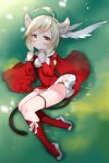  1girl ahoge animal_ears blonde_hair brown_eyes dress from_above highres kneehighs linhe_de_chuangzi long_sleeves looking_at_viewer lying on_back original panties pantyshot pantyshot_(lying) petticoat red_dress red_legwear red_panties short_hair smile solo tail thigh_strap underwear yellow_eyes 