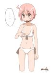  ... 1girl ahoge bangs bare_arms bare_shoulders bikini blush cosplay cropped_legs dot_nose empty_eyes eyebrows_visible_through_hair flat_chest hand_on_own_chest ichii_yui ichii_yui_(cosplay) looking_down nonohara_yuzuko open_mouth pink_eyes pink_hair short_hair side-tie_bikini signature simple_background solo speech_bubble spoken_ellipsis standing swimsuit umiroku white_background white_bikini yuyushiki 