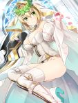  1girl aestus_estus ahoge belt blonde_hair breasts bridal_veil detached_sleeves fate/grand_order fate_(series) full-length_zipper gloves green_eyes hair_intakes head_wreath high_heels highres large_breasts leotard nero_claudius_(bride)_(fate) nero_claudius_(fate)_(all) nomu_ra_nomu showgirl_skirt solo strapless strapless_leotard sword thigh-highs veil weapon white_belt white_gloves white_legwear white_leotard zipper 