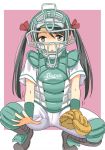  1girl baseball_glove baseball_uniform hair_ribbon kantai_collection looking_at_viewer mikuma_(kantai_collection) ribbon solo sportswear squatting taishi_(moriverine) twintails 