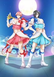  2boys ahoge black_hair genderswap genderswap_(ftm) hand_on_hip key_visual magical_boy mahou_shoujo_ore male_focus midriff mikage_sakuyo moon multiple_boys official_art orange_hair pectorals staff uno_saki 