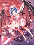  1girl bat bat_wings blue_hair bow breasts brooch commentary_request dress fang fang_out floating full_moon hat high_heels highres jewelry medium_breasts mob_cap moon nail_polish older osashin_(osada) red_moon red_nails redhead remilia_scarlet shoes smile solo spear_the_gungnir touhou white_dress wings wrist_cuffs 