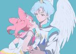  1boy 1girl back_bow bangs bishoujo_senshi_sailor_moon blue_background blue_hair bow chibi_usa closed_mouth commentary_request copyright_request double_bun earrings eye_contact eyebrows_visible_through_hair facial_mark feathered_wings forehead_mark gloves grey_eyes hands_on_another&#039;s_chest horn jacket jewelry light_smile long_sleeves looking_at_another lowe_(slow) pink_eyes pink_hair sailor_chibi_moon sailor_senshi_uniform simple_background smile super_sailor_chibi_moon white_gloves wings 