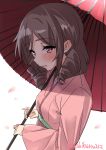  1girl bangs blush brown_eyes brown_hair drill_hair ebifurya eyebrows_visible_through_hair harukaze_(kantai_collection) highres holding kantai_collection long_sleeves looking_at_viewer oriental_umbrella parted_lips side_drill simple_background solo twin_drills twitter_username umbrella upper_body white_background 
