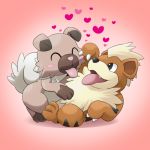  :p ^_^ ^o^ blush_stickers claws closed_eyes dog fang full_body gradient gradient_background growlithe happy heart lying mameshiba no_humans on_back pink_background pokemon pokemon_(creature) rockruff tongue tongue_out 