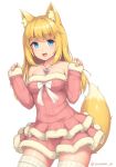  1girl :d animal_ears bare_shoulders blonde_hair blue_eyes bow breasts cowboy_shot dress fox_ears fox_girl fox_tail fur_trim long_hair medium_breasts open_mouth original pink_dress sasaame simple_background sleeves_past_wrists smile solo tail twitter_username white_background white_legwear 