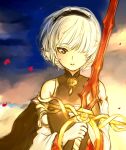  1girl catbell detached_sleeves hair_over_one_eye looking_at_viewer petals red_sword short_hair smile solo sword weapon white_hair 