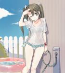  1girl ;) adjusting_hair against_wall alternate_costume arm_at_side arm_up bangs bare_legs bikini blue_sky clouds collarbone day fence frilled_bikini frills green_eyes green_hair hair_between_eyes hair_ribbon kantai_collection long_hair looking_at_viewer navel one_eye_closed ribbon rubber_duck see-through shirt short_sleeves sky smile solo stomach striped striped_bikini swimsuit tareme twintails wading_pool water white_ribbon white_shirt wrist_cuffs zp_hn02 zuikaku_(kantai_collection) 