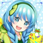  1girl blue_eyes blue_hair blush braid catbell frog hairband long_hair looking_at_viewer open_mouth smile 