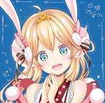  1girl animal_ears blonde_hair blue_background blush catbell green_eyes hands_together long_hair looking_at_viewer open_mouth rabbit_ears smile solo 