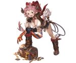  1girl blue_eyes blush boots breasts cleavage cowboy_hat doraf fingerless_gloves frills front-tie_top full_body gem gloves gold granblue_fantasy hand_on_hip hand_on_own_chin hat horns jewelry karuba_(granblue_fantasy) knee_boots large_breasts leaning_forward looking_at_viewer midriff minaba_hideo necklace official_art open_mouth pink_hair pointy_ears short_hair shorts single_thighhigh smile solo striped thigh-highs transparent_background treasure treasure_chest vertical_stripes weapon whip 
