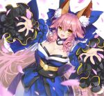  1girl animal_ears arms_up bangs bare_shoulders blue_bow blue_dress blue_kimono blush bow breasts cleavage detached_sleeves dress fang fate/extra fate/grand_order fate_(series) fox_ears fox_girl hair_bow hair_ornament hair_ribbon hong_(white_spider) japanese_clothes kimono large_breasts long_hair looking_at_viewer nail_polish open_mouth petals pink_hair pink_nails ribbon simple_background smile solo tamamo_(fate)_(all) tamamo_no_mae_(fate) white_background yellow_eyes 