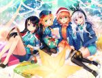  4girls :d animal_ear_headphones ankle_lace-up ann_(krt_girls) arm_up armband bangs bell black_footwear black_hair black_legwear blonde_hair blue_eyes blue_jacket blue_neckwear blue_skirt blue_vest bow box brown_hair bunny_ear_headphones closed_mouth commentary_request cross-laced_footwear emilia_(krt_girls) eyebrows_visible_through_hair fur-trimmed_hat gift gift_box green_eyes hair_between_eyes hair_bow hair_ornament hat headphones high_heels holding holly_hair_ornament jacket krt_girls long_sleeves looking_at_viewer multiple_girls nana_(krt_girls) necktie one_side_up open_clothes open_jacket open_mouth orange_shirt orange_skirt pantyhose partially_unzipped pleated_skirt red_eyes red_hat red_ribbon ribbon santa_hat seiza shinia shirt shoes side_ponytail silver_hair sitting skirt sleeves_past_wrists smile snowflakes star star_hair_ornament striped striped_ribbon thigh-highs vest white_footwear white_legwear white_shirt xiao_qiong yokozuwari 