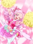  1girl ;d abstract_background arms_up cure_yell double_bun flower hair_flower hair_ornament hair_ribbon heart_hair_ornament holding hugtto!_precure layered_skirt long_hair looking_at_viewer magical_girl navel nono_hana one_eye_closed open_mouth pink pink_background pink_eyes pink_footwear pink_hair pink_shirt pink_skirt pom_poms precure red_ribbon ribbon see-through shirt shoes skirt sleeveless sleeveless_shirt smile solo thigh-highs tj-type1 white_legwear zettai_ryouiki 