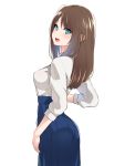  1girl :d arm_at_side ass blue_eyes blue_skirt blush breasts brown_hair from_behind hand_on_hip highres lips long_hair long_skirt long_sleeves looking_at_viewer looking_back medium_breasts nezuko open_mouth original round_teeth shiny shiny_hair shirt shirt_tucked_in simple_background skirt smile solo straight_hair teeth white_background white_shirt 