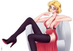 akagi_ritsuko armchair bangs bare_arms bare_shoulders blonde_hair breasts chair closed_mouth dress earrings fingernails from_side glasses hand_up head_tilt high_heels highres j_adsen jewelry large_breasts legs light_smile lipstick long_legs looking_at_viewer makeup neon_genesis_evangelion parted_bangs purple_footwear purple_legwear red_dress red_lipstick sash shoes short_hair signature simple_background sitting sunglasses thigh-highs white_background 