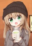  1girl :d bangs beanie black_hat blush cup eyebrows_visible_through_hair fingernails green_eyes green_tea grey_sweater hair_between_eyes hat head_tilt holding holding_cup indoors light_brown_hair long_hair long_sleeves looking_at_viewer open_mouth original picture_frame sleeves_past_wrists smile solo steam tea yuuhagi_(amaretto-no-natsu) 
