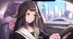  1girl black_hair black_serafuku brown_eyes building car car_interior choker city close-up forever_7th_capital ground_vehicle han-0v0 highres long_hair motor_vehicle school_uniform seatbelt serafuku skyscraper smile solo upper_body 