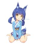  ... 1girl animal_ears arms_between_legs bare_legs barefoot blue_hair blush fox_ears fox_girl fox_tail full_body head_tilt japanese_clothes kimono looking_at_viewer low_twintails obi sasaame sash short_kimono short_yukata simple_background sitting solo tail triangle_mouth twintails wariza white_background yellow_eyes yukata 