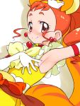  1girl animal_ears arisugawa_himari armpits blush brown_eyes brown_hair cake_hair_ornament cherry cure_custard earrings extra_ears food food_themed_hair_ornament fruit gloves hair_ornament jewelry kikurage_(crayon_arts) kirakira_precure_a_la_mode long_hair looking_at_viewer magical_girl ponytail precure smile solo squirrel_ears squirrel_tail tail white_gloves 