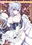  1girl absurdres apron azur_lane belfast_(azur_lane) breasts cleavage elbow_gloves gloves grey_eyes grey_hair heart highres holding holding_tray huge_breasts kuromiko_shoujo long_hair maid maid_apron maid_headdress skirt skirt_lift solo thigh-highs tray white_gloves white_legwear 