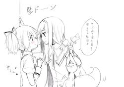  2girls :3 akemi_homura blush christy greyscale hair_ribbon hairband holding kaname_madoka kyubey long_hair long_sleeves mahou_shoujo_madoka_magica monochrome multiple_girls open_mouth ribbon school_uniform sketch spot_color translation_request twintails wall_slam white_background yuri 