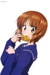  1girl absurdres arm_up brown_eyes brown_hair coat eating food girls_und_panzer highres looking_at_viewer nishizumi_miho official_art ooarai_school_uniform open_mouth school_uniform sugimoto_isao taiyaki wagashi white_background winter_clothes winter_coat 