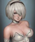  1girl bare_shoulders blue_background blue_eyes breasts choker closed_mouth commentary dated deviantart_username elbow_gloves gloves hair_over_one_eye hairband highres large_breasts leotard lips looking_at_viewer mirco_cabbia mole mole_under_mouth nier_(series) nier_automata one_eye_covered patreon_username pink_lips signature smile solo white_choker white_leotard yorha_no._2_type_b 
