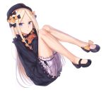 1girl abigail_williams_(fate/grand_order) bangs black_bow black_dress black_footwear black_hat blonde_hair bloomers blue_eyes bow butterfly cai_geng commentary_request dress dutch_angle eyebrows_visible_through_hair fate/grand_order fate_(series) forehead full_body hair_bow hat long_hair long_sleeves looking_at_viewer mary_janes object_hug orange_bow parted_bangs parted_lips polka_dot polka_dot_bow shoes simple_background sitting sleeves_past_wrists solo stuffed_animal stuffed_toy teddy_bear underwear very_long_hair white_background white_bloomers 