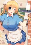  1girl ;d apron bima_rahmaa blend_s blonde_hair blue_dress blue_eyes blush breasts buttons chalkboard cowboy_shot cup dress drink drinking_glass drinking_straw frilled_apron frills gloves hair_between_eyes hand_on_hip head_scarf head_tilt hinata_kaho holding holding_tray long_hair medium_breasts milk one_eye_closed open_mouth puffy_short_sleeves puffy_sleeves round_teeth short_sleeves smile solo standing stile_uniform tareme teeth thigh_gap tray twintails waist_apron white_apron white_gloves 