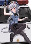  1girl animal_ears beret black_bow black_footwear black_legwear black_neckwear blue_bow blue_skirt blue_vest blush bow braid breasts bullet car cartridge cat_ears cat_tail commentary_request fang fkey gloves ground_vehicle gun hair_bow handgun hat heart highres holding holding_gun holding_weapon holster long_hair looking_at_viewer mary_janes motor_vehicle neck_bow open_mouth original pistol pleated_skirt police_car ponytail puffy_short_sleeves puffy_sleeves red_eyes shirt shoes short_sleeves silver_hair simple_background skirt small_breasts solo tail thigh_holster very_long_hair vest weapon white_background white_gloves white_shirt 