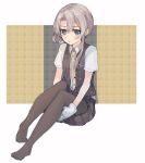 1girl asymmetrical_hair bangs black_legwear black_skirt black_vest blush closed_mouth collared_shirt commentary_request eyebrows_visible_through_hair full_body gloves grey_eyes hair_between_eyes kantai_collection long_hair looking_at_viewer necktie no_shoes nowaki_(kantai_collection) pantyhose pleated_skirt shirt short_sleeves silver_hair sitting skirt solo vest white_gloves white_shirt yellow_neckwear zp_hn02 